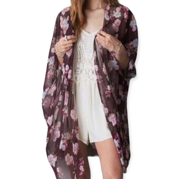 Floral Burgundy Thigh Length Summer Kimono Robe NEW - Picture 3 of 4